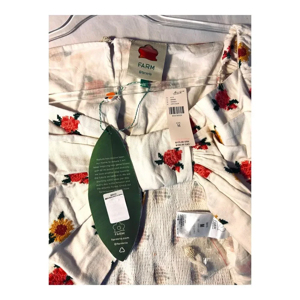 Farm Rio Mixed Cross Stitch Flowers Embroidered Crop Top Puff Sleeve Bow M NWT